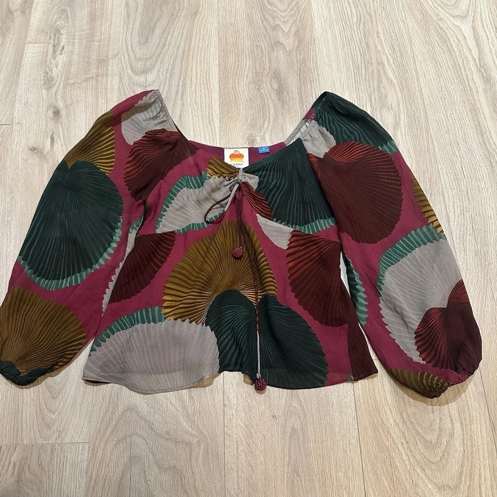 Farm Rio Katalina‎ Long Sleeve Blouse Abstract Print Anthropologie XS $158 Boho
